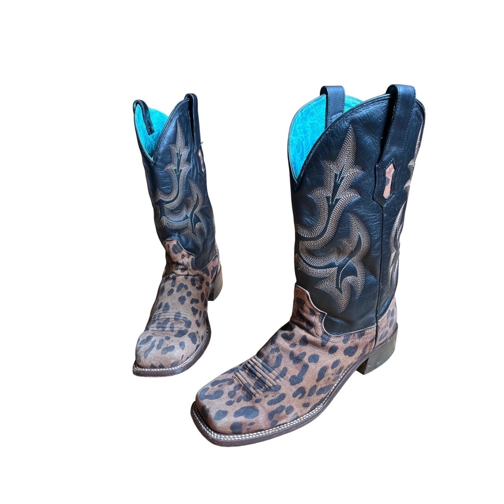 Corral Leopard Print Western Boots with Black Shaft & Turquoise Lining